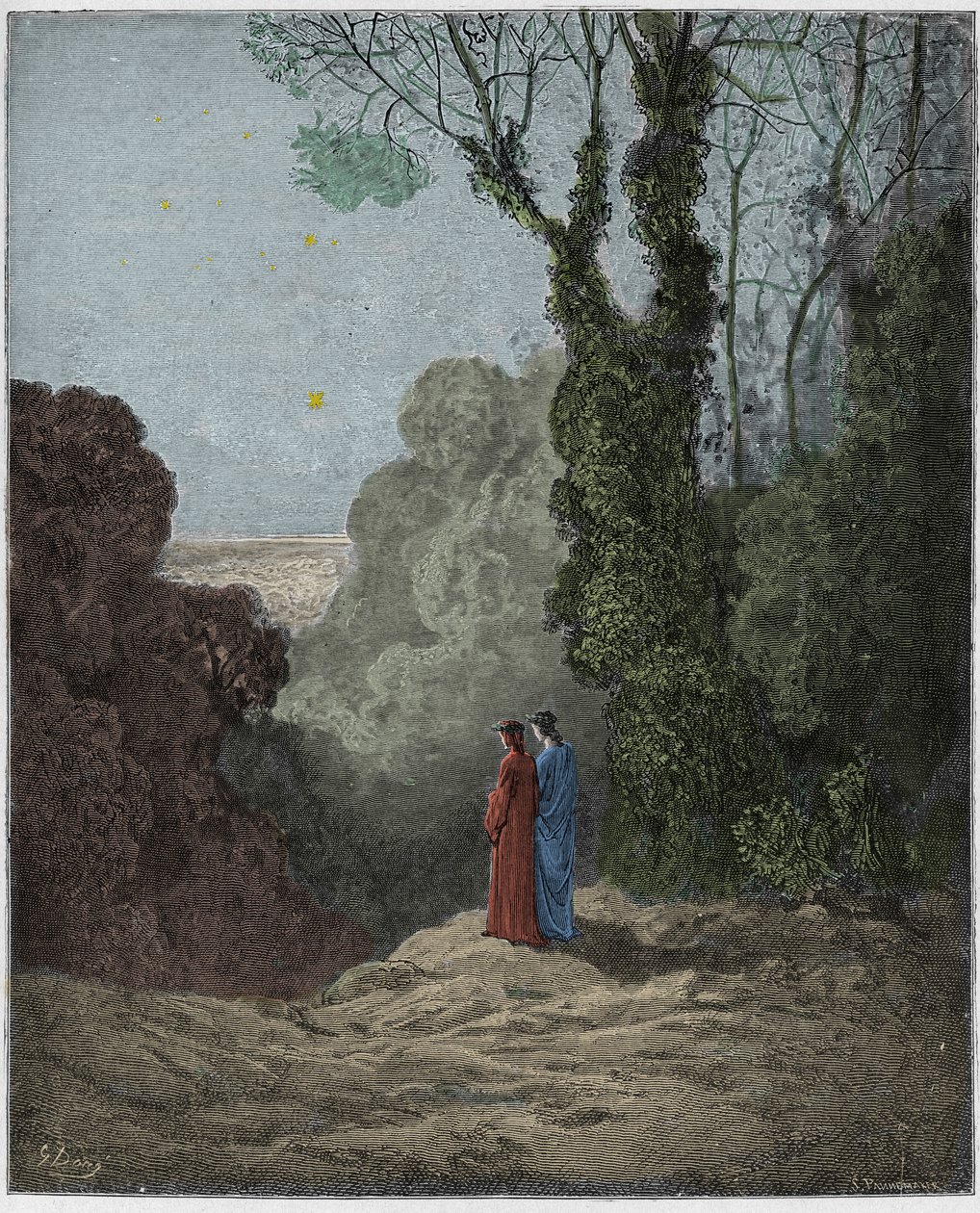 Purgatorio, Canto 1: Runoilijat näkevät Venuksen kauneutta aamutaivaalla, kuvitus Dante Alighierin jumalallisesta komediasta, 1885 (digitaalivärinen kaiverrus) tekijältä Gustave after Dore