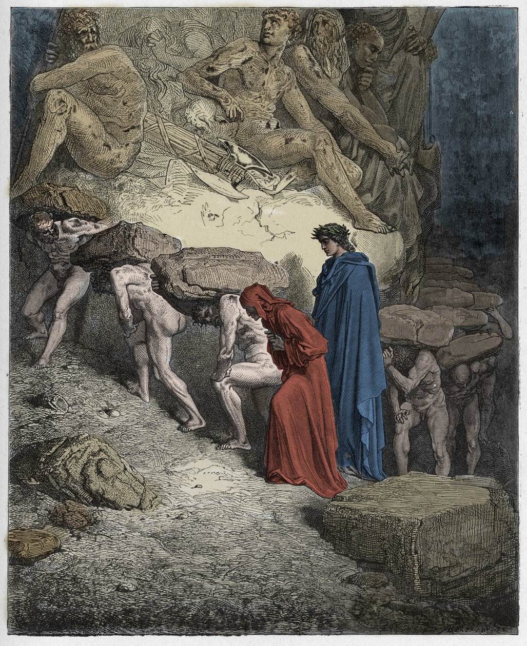 Purgatorio, Canto 11: Ylpeiden sielut, jotka kantavat raskaita kiviä, kuvitus Dante Alighierin jumalallisesta komediasta, 1885 (digitaalivärinen kaiverrus) tekijältä Gustave after Dore