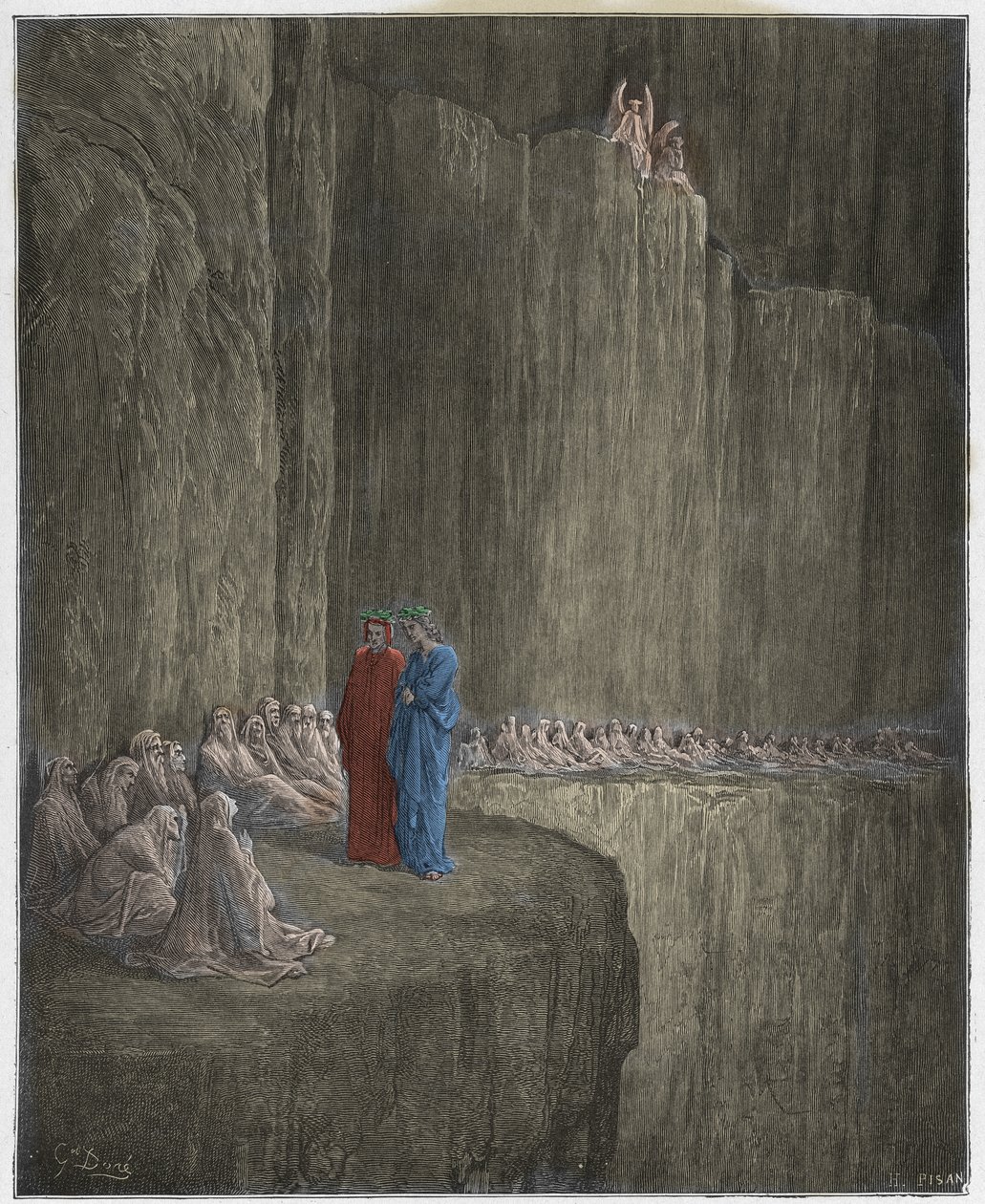 Purgatorio, Canto 13: Sapia puhdistaa syyllisen elämänsä, kuvitus Dante Alighierin jumalallisesta komediasta, 1885 (digitaalivärinen kaiverrus) tekijältä Gustave after Dore