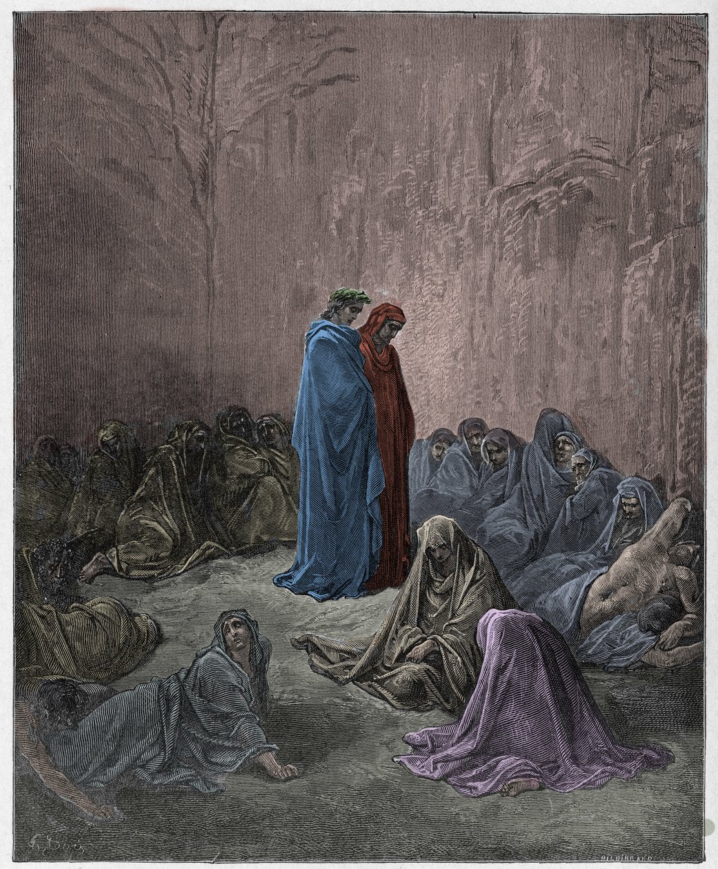 Purgatorio, Canto 13: Kateellisten sielut, kuvitus Dante Alighierin jumalallisesta komediasta, 1885 (digitaalivärinen kaiverrus) tekijältä Gustave after Dore
