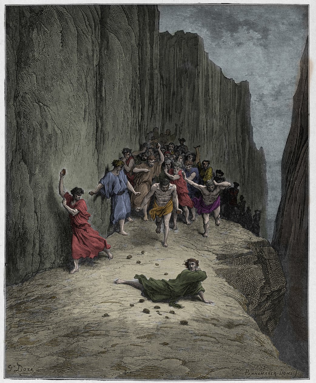 Purgatorio, Canto 15 : Danten visio Stephenin (pyhä Etiennen) kivittämisestä, kuvitus Dante Alighierin jumalallisesta komediasta, 1885 (digitaalivärinen kaiverrus) tekijältä Gustave after Dore