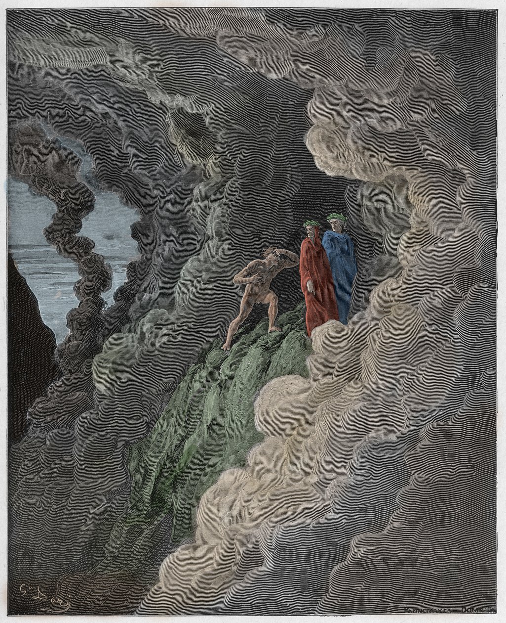 Purgatorio, Canto 16 : Marco Lombardo seuraa runoilijoita savun läpi, kuvitus Dante Alighierin jumalallisesta komediasta vuodelta 1885 (digitaalivärinen kaiverrus) tekijältä Gustave after Dore