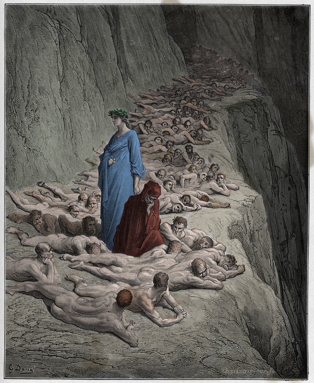 Purgatorio, Canto 19: Ahneiden sielut: Adrian V (paperi Adrien V) puhuu Dantelle, kuvitus Dante Alighierin jumalallisesta komediasta, 1885 (digitaalisesti värillinen kaiverrus) tekijältä Gustave after Dore