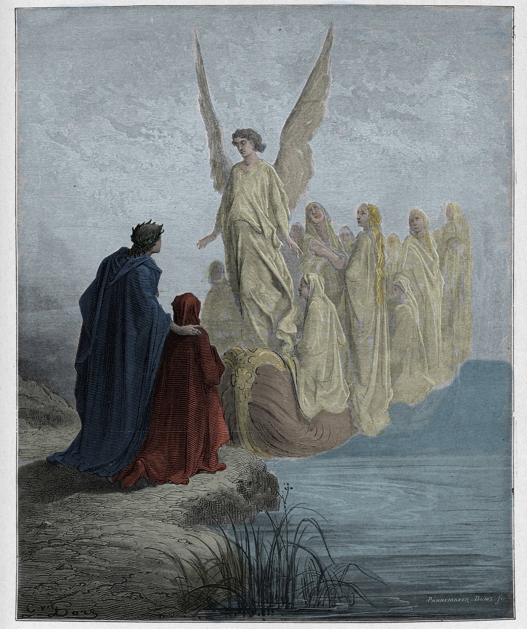Purgatorio, 2. laulu: Taivaallinen luotsi laskeutuu veneeseen, kuvitus Dante Alighierin teoksesta Divine Comedy, 1885 (digitaalisesti väritetty kaiverrus). tekijältä Gustave after Dore