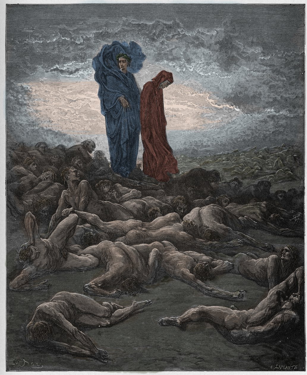 Purgatorio, Canto 20: Ahneiden sielut, kuvitus Dante Alighierin jumalallisesta komediasta, 1885 (digitaalivärinen kaiverrus) tekijältä Gustave after Dore