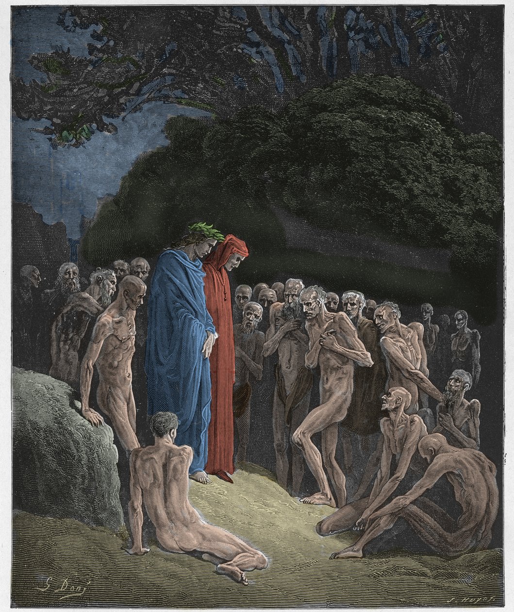 Purgatorio, Canto 23: Ahmattisten sielut, kuvitus Dante Alighierin jumalallisesta komediasta, 1885 (digitaalivärinen kaiverrus) tekijältä Gustave after Dore
