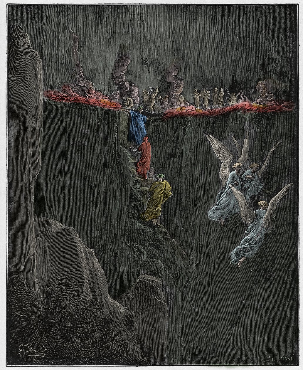 Purgatorio, Canto 25: Vergilius ja Dante nousevat liekkien läpi seitsemännelle kehälle, kuvitus Dante Alighierin jumalallisesta komediasta, 1885 (digitaalisesti värillinen kaiverrus) tekijältä Gustave after Dore