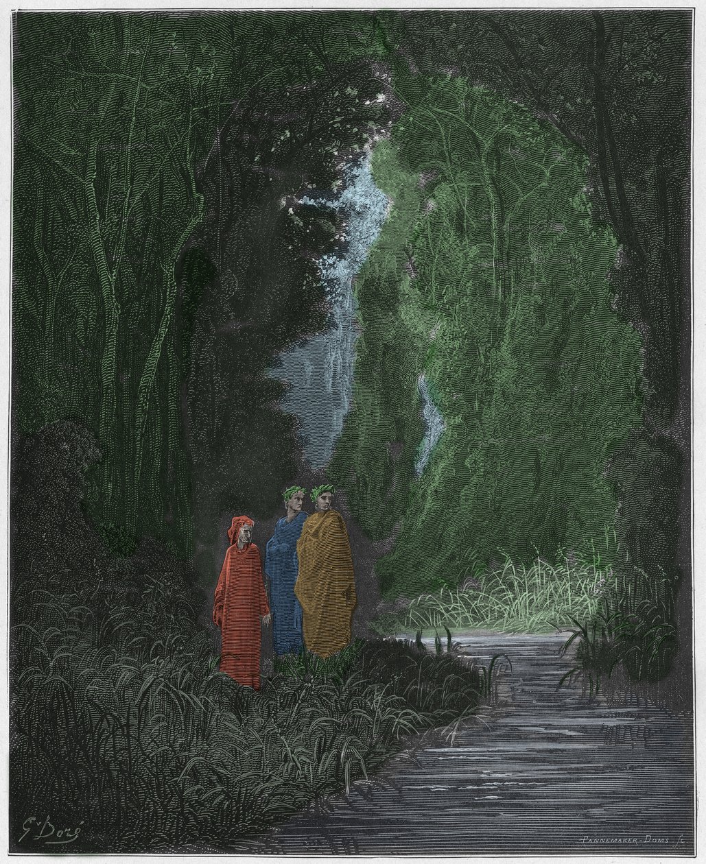 Purgatorio, Canto 28: Dante, Vergilius ja Statius (Stace) maanpäällisen paratiisin muinaisessa metsässä, kuvitus Dante Alighierin jumalallisesta komediasta, 1885 (digitaalisesti värillinen kaiverrus) tekijältä Gustave after Dore