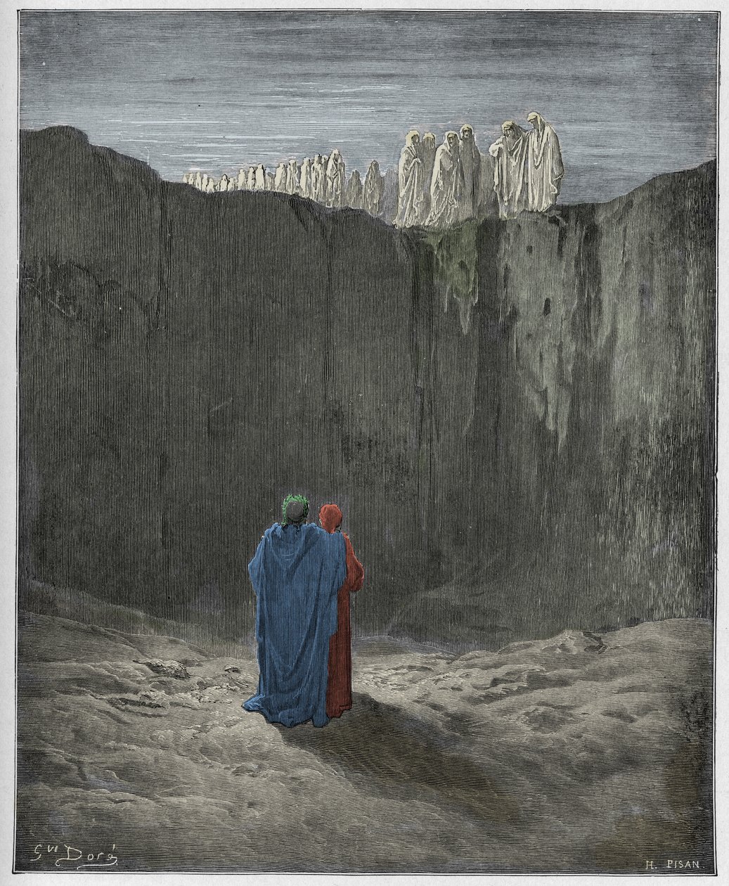 Purgatorio, Canto 3 : Sielujen seura kalliolla, kuvitus Dante Alighierin jumalallisesta komediasta, 1885 (digitaalivärinen kaiverrus) tekijältä Gustave after Dore