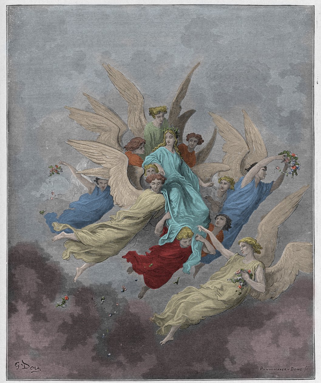 Purgatorio, Canto 30: Beatrice enkelien joukossa, kuvitus Dante Alighierin jumalallisesta komediasta, 1885 (digitaalivärinen kaiverrus) tekijältä Gustave after Dore