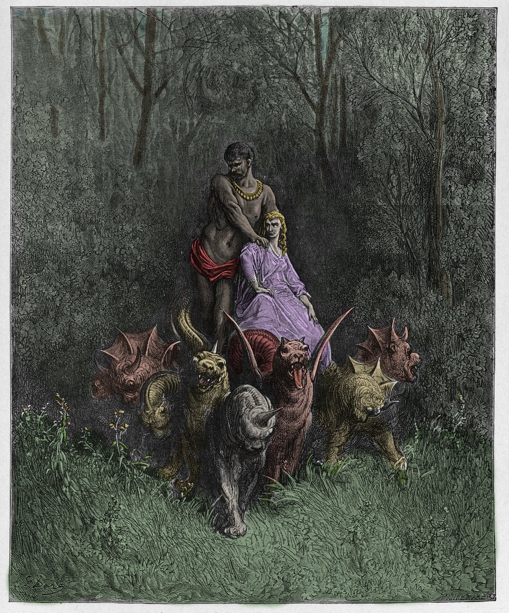 Purgatorio, Canto 32: Jättiläinen ja portto vaunuissa, kuvitus Dante Alighierin jumalallisesta komediasta, 1885 (digitaalivärinen kaiverrus) tekijältä Gustave after Dore