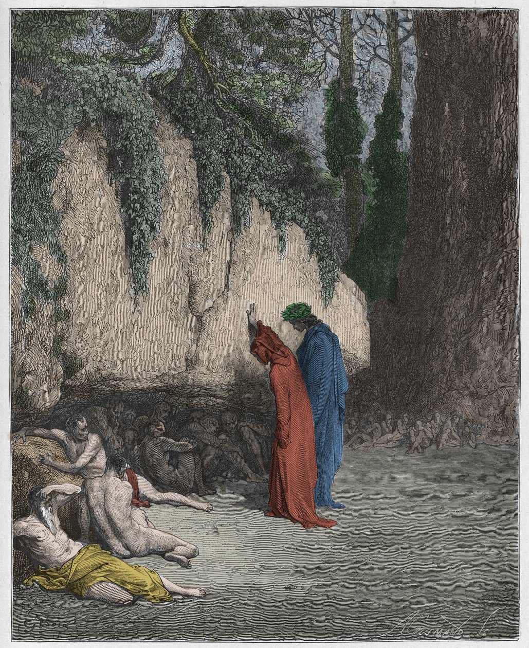 Purgatorio, 4. laulu: Laiskat sielut kallion vieressä, kuvitus Dante Alighierin teoksesta Divine Comedy, 1885 (digitaalisesti väritetty kaiverrus). tekijältä Gustave after Dore