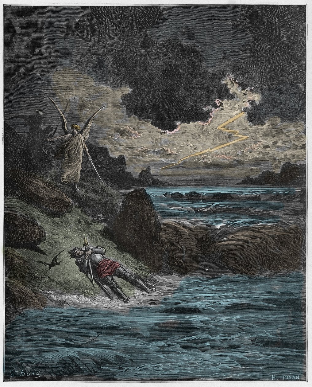 Purgatorio, Canto 5: Buonconten (Bonconte) da Montefeltron ruumis Arnossa, kuvitus Dante Alighierin jumalallisesta komediasta, 1885 (digitaalivärinen kaiverrus) tekijältä Gustave after Dore