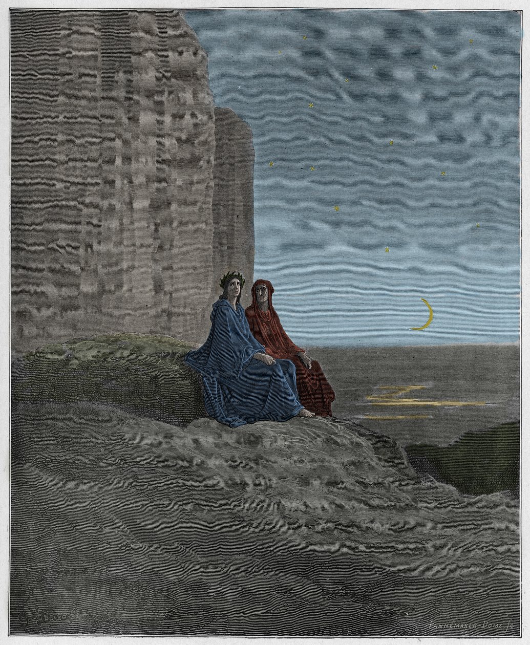 Purgatorio, Canto 9: Twilight, kuvitus Dante Alighierin jumalallisesta komediasta, 1885 (digitaalisesti värillinen kaiverrus) tekijältä Gustave after Dore