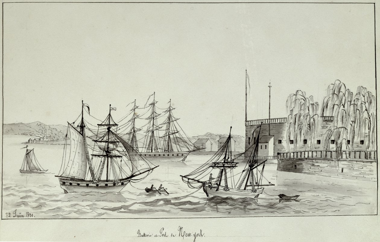 The Battery and Port of New York, 1831 (kynä, muste ja wc paperilla) tekijältä Gustave de Beaumont