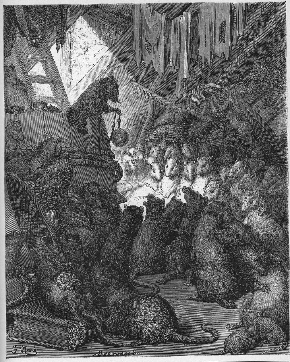 Rottien pitämä neuvosto - Hiiret neuvostossa - Jean de La Fontainen (Lafontaine) (1621-95) "Fablesista" - kaiverrus Gustave Doren (1832-83) mukaan - Yksityinen kokoelma tekijältä Gustave (after) Dore
