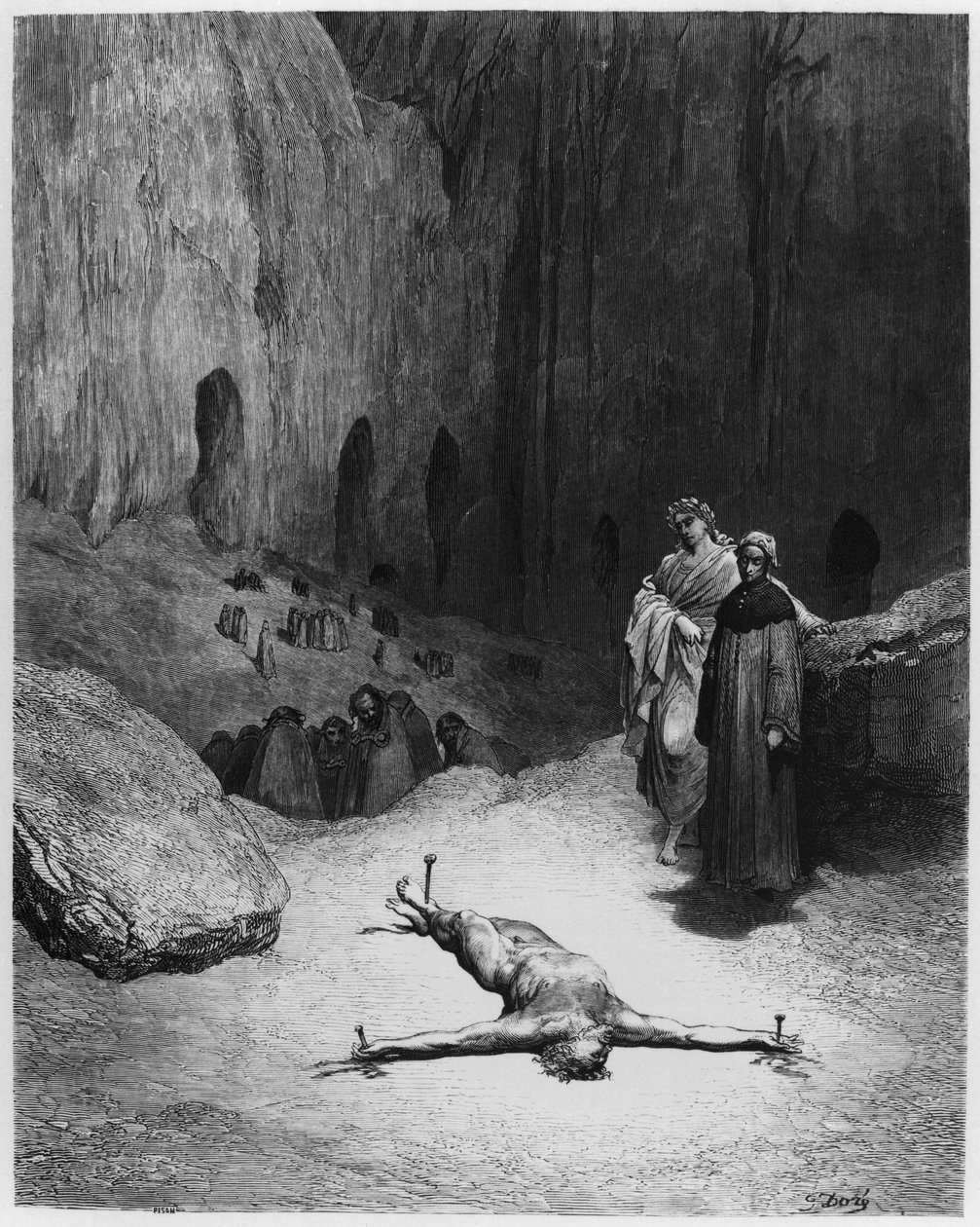 Ristiinnaulittu mies, kuvitus Dante Alighierin (1265-1321) teoksesta "The Divine Comedy" (Inferno), Pariisi, julkaistu 1885 (kaiverrus) (m/v kuva) tekijältä Gustave (after) Dore
