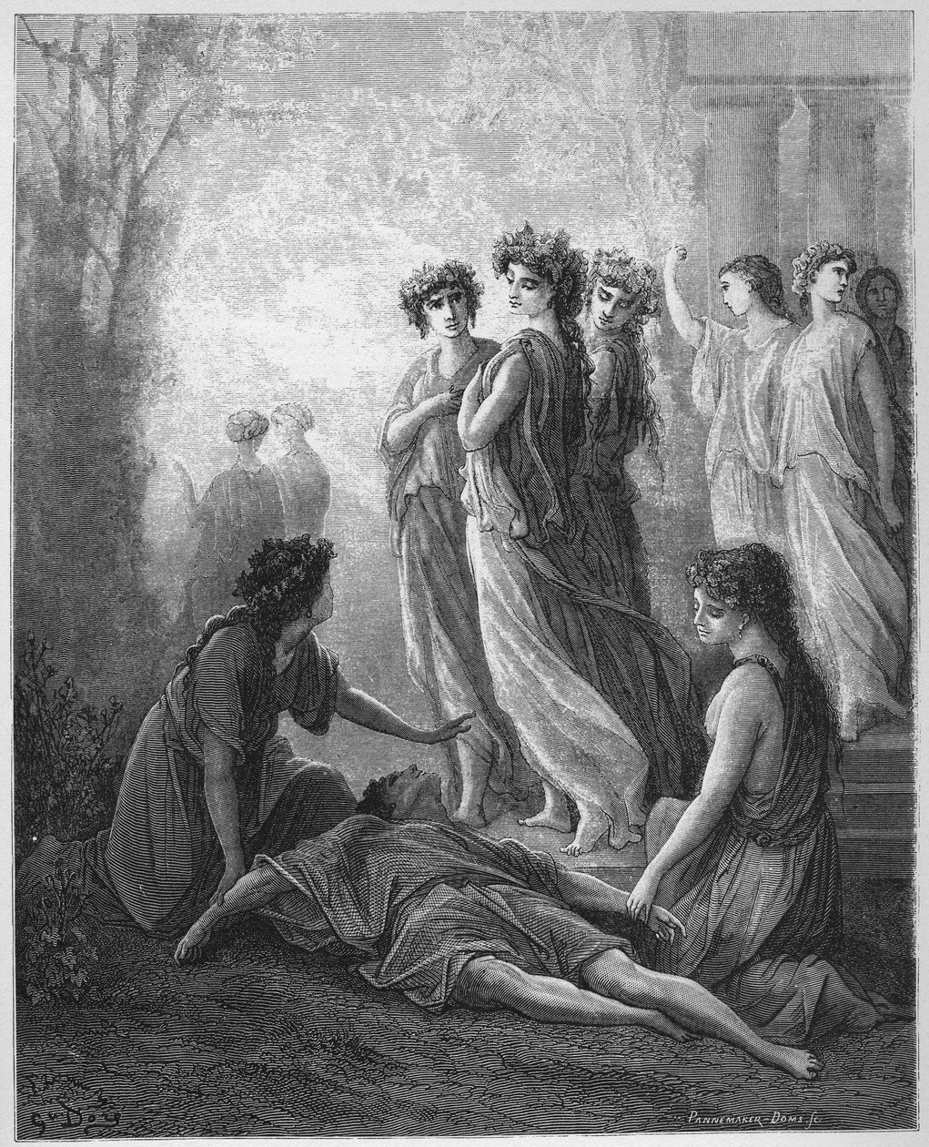 Daphnis et Alcimadure - Daphnis ja Alcimaduro - Jean de La Fontainen (Lafontaine) (1621-95) "Fablesista" - kaiverrus Gustave Doren (1832-83) mukaan - Yksityinen kokoelma tekijältä Gustave (after) Dore