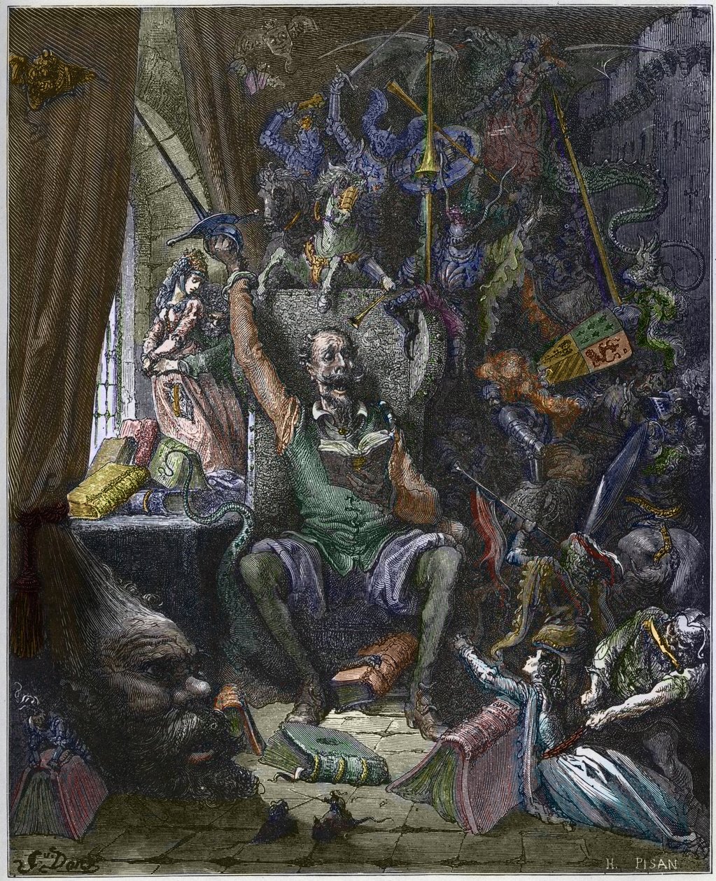 Don Quijote työhuoneessaan päiväunelmiensa haamujen ympäröimänä - Don Quijote de la Mancha, Miguel Cervantes (1547-1616) (Don Quijote), kaiverrettu Heliodore Joseph Pisan (1822-90) Gustave Doren piirtämänä tekijältä Gustave (after) Dore