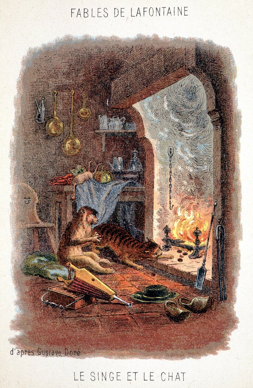 Fables de La Fontaine: Apina ja kissa Gustave Dorén mukaan. tekijältä Gustave (after) Dore