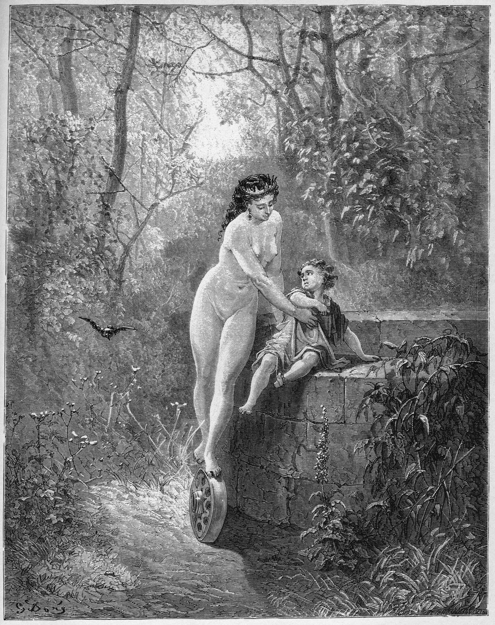 La Fortune et le jeune Enfant - Onnijumalatar pelastaa pienen lapsen kaivosta - Jean de La Fontainen (Lafontaine) (1621-95) "Fablesista" - kaiverrus Gustave Doren (1832-83) mukaan - Yksityinen kokoelma tekijältä Gustave (after) Dore