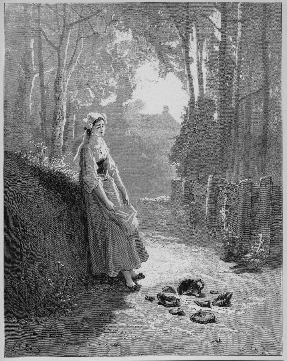 La laitiere et le jug a lait - Maitotyttö ja hänen sankonsa - Jean de La Fontainen (Lafontaine) (1621-95) "Fablesista" - kaiverrus Gustave Doren (1832-83) mukaan - Yksityinen kokoelma tekijältä Gustave (after) Dore