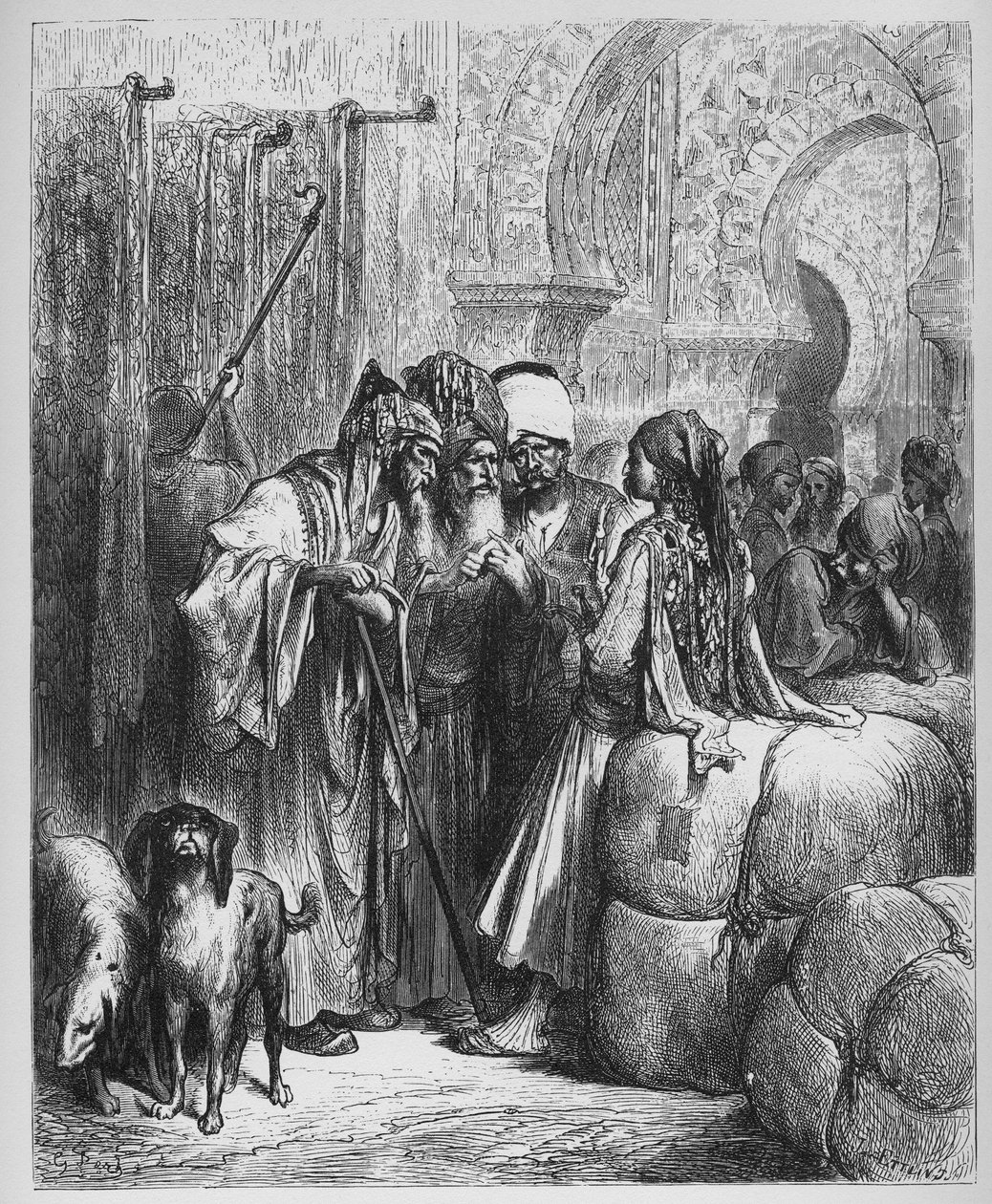 Bassa (pasha) ja kauppias - Jean de La Fontainen (Lafontaine) (1621-95) "Fablesista" - kaiverrus Gustave Doren (1832-83) mukaan - Yksityinen kokoelma tekijältä Gustave (after) Dore
