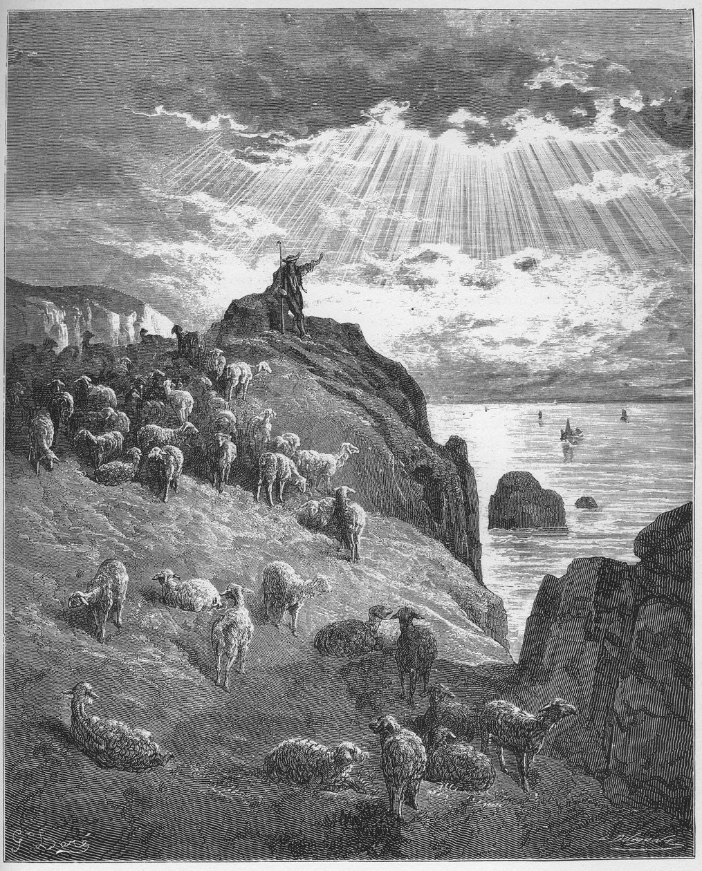 Le berger et la mer - Paimen ja meri - Jean de La Fontainen (Lafontaine) (1621-95) "Fablesista" - kaiverrus Gustave Doren (1832-83) mukaan - Yksityinen kokoelma tekijältä Gustave (after) Dore