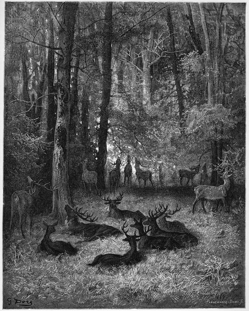 Le cerf malade - Sairas peura - Jean de La Fontainen (Lafontaine) (1621-95) "Fablesista" - kaiverrus Gustave Doren (1832-83) mukaan - Yksityinen kokoelma tekijältä Gustave (after) Dore