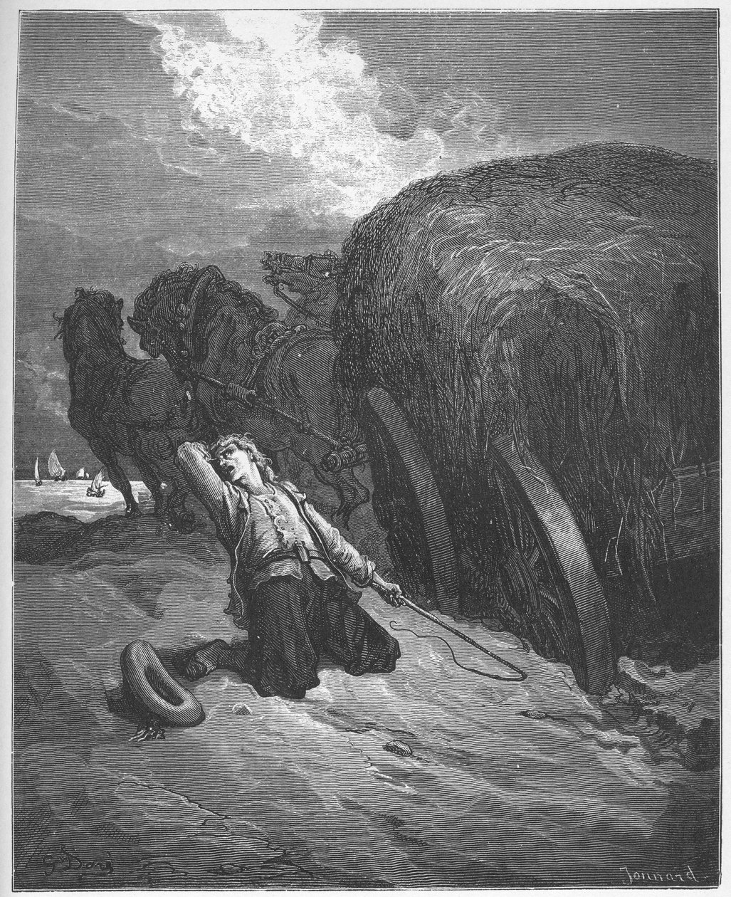 Le chartier - The Wagoner Mired - Jean de La Fontainen (Lafontaine) (1621-95) "Fablesista" - kaiverrus Gustave Doren (1832-83) mukaan - Yksityinen kokoelma tekijältä Gustave (after) Dore