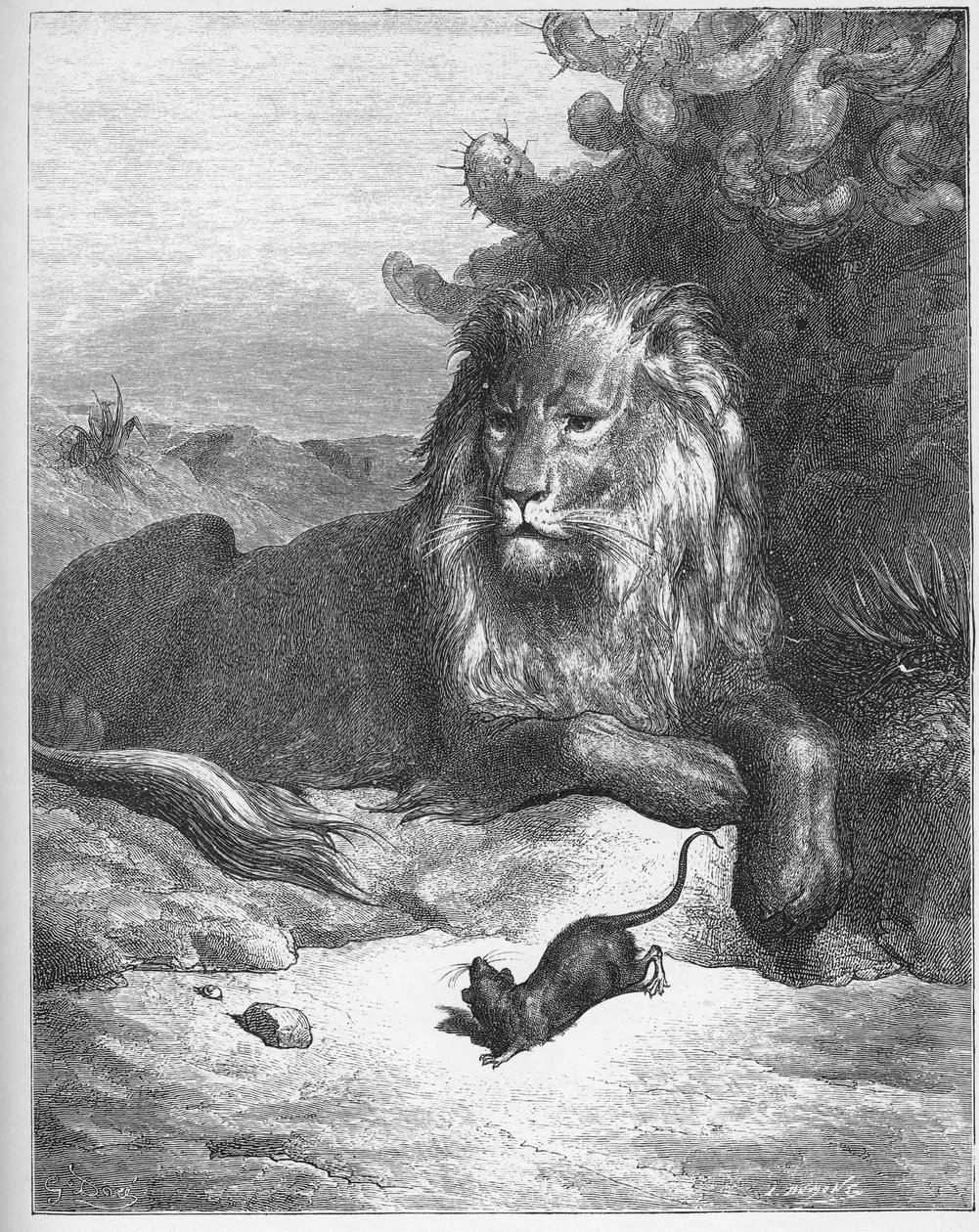 Le lion et le rat - Leijona ja hiiri - Jean de La Fontainen (Lafontaine) (1621-95) "Fablesista" - kaiverrus Gustave Doren (1832-83) mukaan - Yksityinen kokoelma tekijältä Gustave (after) Dore