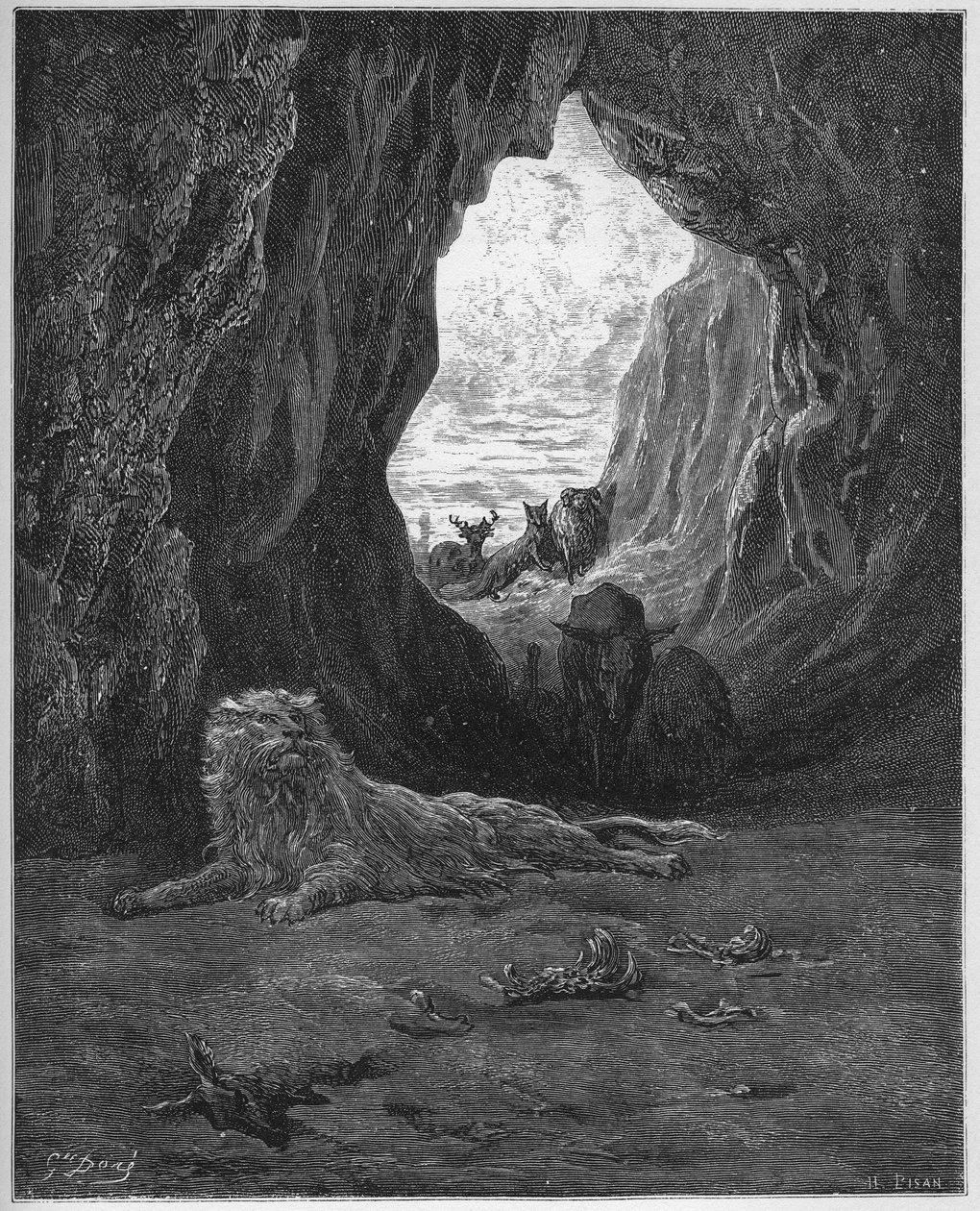 Le lion malade et le fox - Kettu ja sairas leijona - Jean de La Fontainen (Lafontaine) (1621-95) "Fablesista" - kaiverrus Gustave Doren (1832-83) mukaan - Yksityinen kokoelma tekijältä Gustave (after) Dore