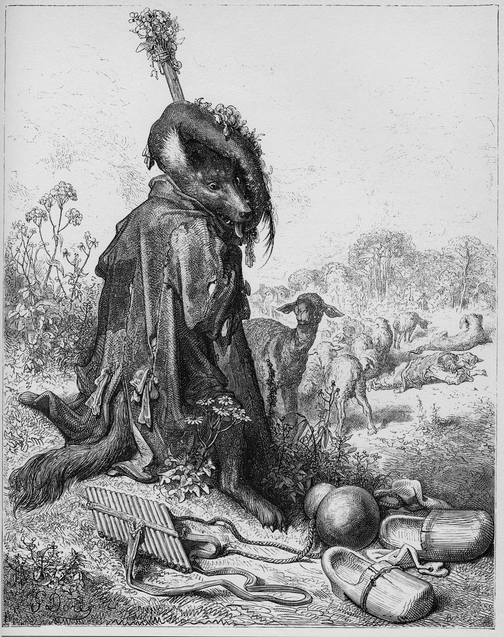 Le loup devenu berger - Susi, joka näytteli paimenta - Jean de La Fontainen (Lafontaine) (1621-95) "Fablesista" - kaiverrus Gustave Doren (1832-83) mukaan - Yksityinen kokoelma tekijältä Gustave (after) Dore