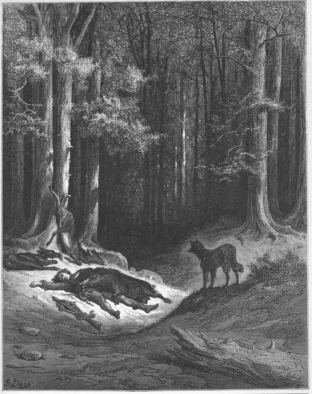 Le loup et le chasseur - Susi ja metsästäjä - Jean de La Fontainen (Lafontaine) (1621-95) "Fablesista" - kaiverrus Gustave Doren (1832-83) mukaan - Yksityinen kokoelma tekijältä Gustave (after) Dore