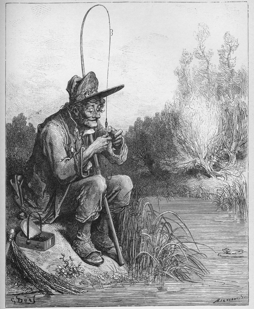 Kalastaja ja pieni kala - Kalastaja ja pieni kala - Jean de La Fontainen (Lafontaine) (1621-95) "Fablesista" - kaiverrus Gustave Doren (1832-83) mukaan - Yksityinen kokoelma tekijältä Gustave (after) Dore