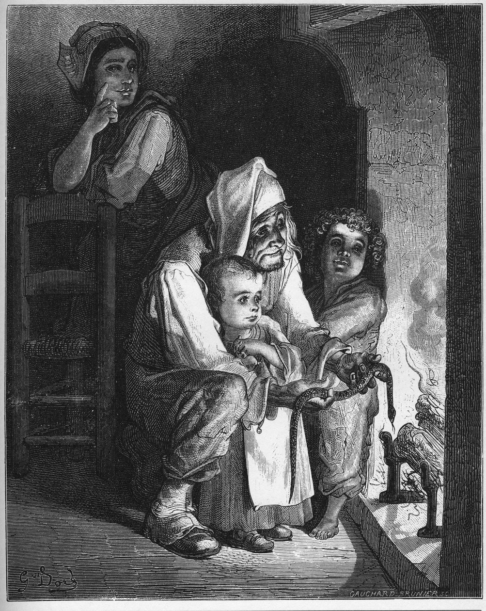 Kyläläinen ja käärme - Viljelijä ja kyykäärme - Jean de La Fontainen (Lafontaine) (1621-95) "Fablesista" - kaiverrus Gustave Doren (1832-83) mukaan - Yksityinen kokoelma tekijältä Gustave (after) Dore