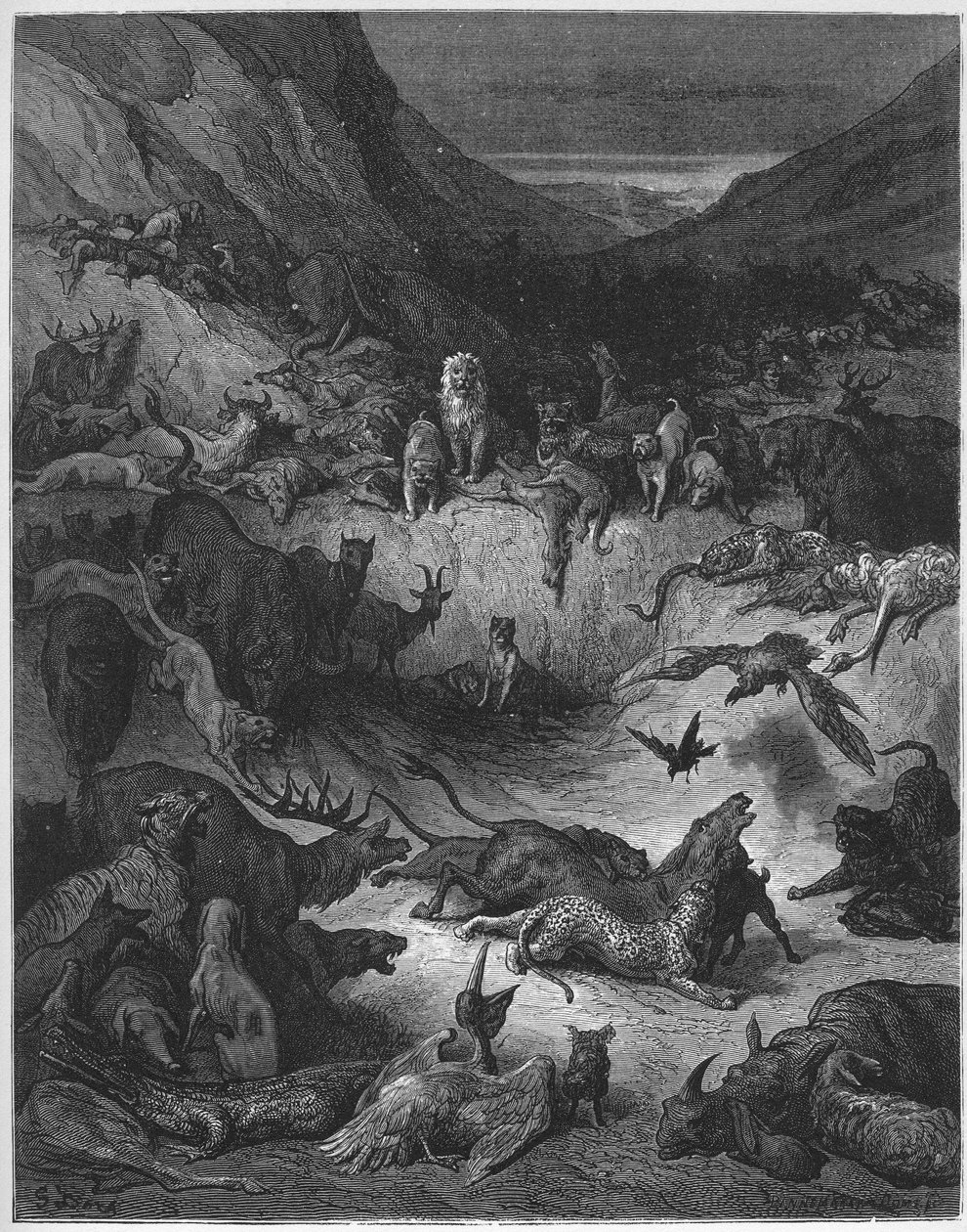 The Animals Fallen Sick With the Plague - Jean de La Fontainen (Lafontaine) (1621-95) "Fablesista" - kaiverrus Gustave Doren (1832-83) mukaan - Yksityinen kokoelma tekijältä Gustave (after) Dore