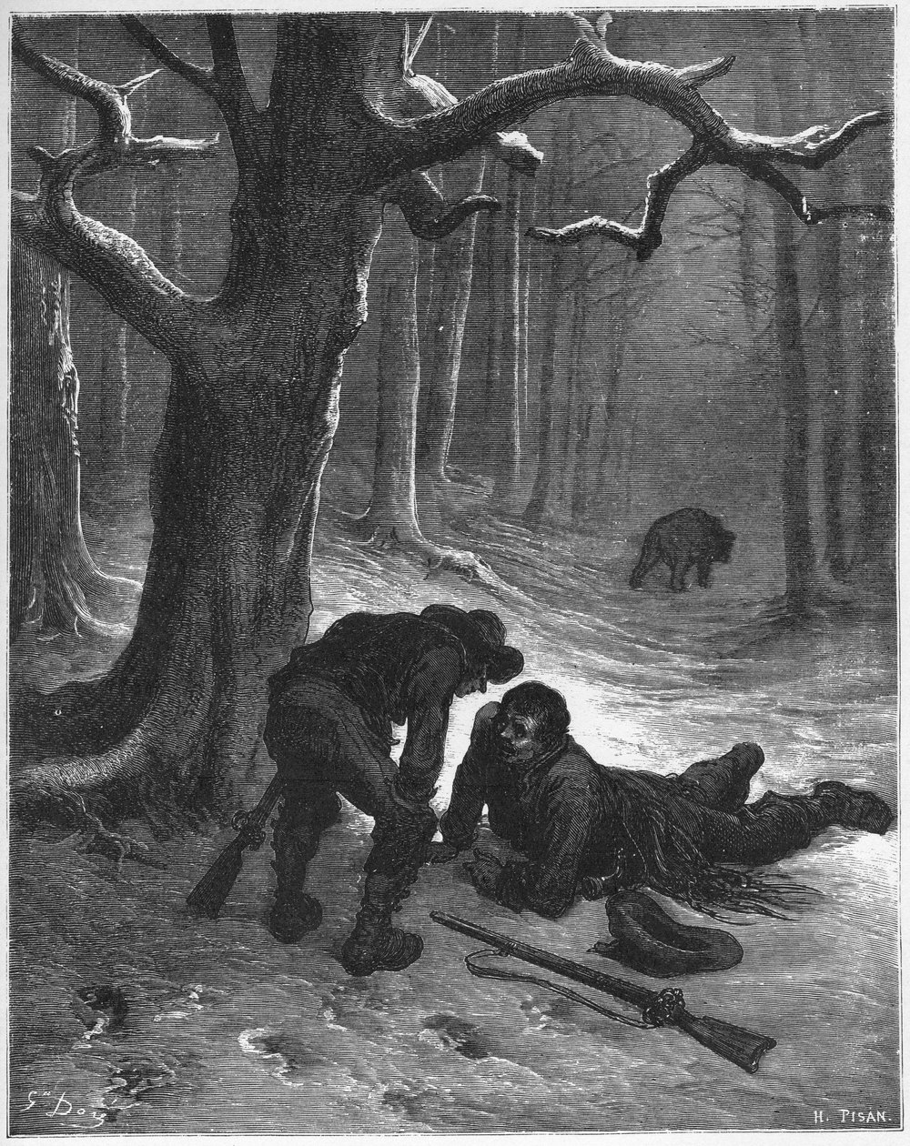 Karhu ja kaksi seuralaista - Karhu ja matkailijat - Jean de La Fontainen (Lafontaine) (1621-95) "Fablesista" - kaiverrus Gustave Doren (1832-83) mukaan - Yksityinen kokoelma tekijältä Gustave (after) Dore