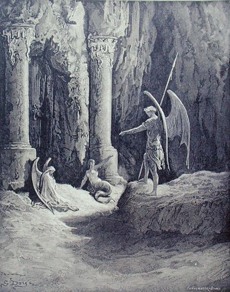 Saatana helvetin porteilla, "Kadotetun paratiisin" kirjasta II, Stephane Pannemakerin (1847-1930) kaiverrus n.1868 (kaiverrus). tekijältä Gustave (after) Dore