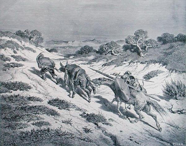 Beaten Knight and his Squire, Miguel Cervantesin (1547-1616) Don Quijote de la Manchasta, kaiverrus Heliodore Joseph Pisan (1822-90) n. 1868 (kaiverrus) tekijältä Gustave (after) Dore