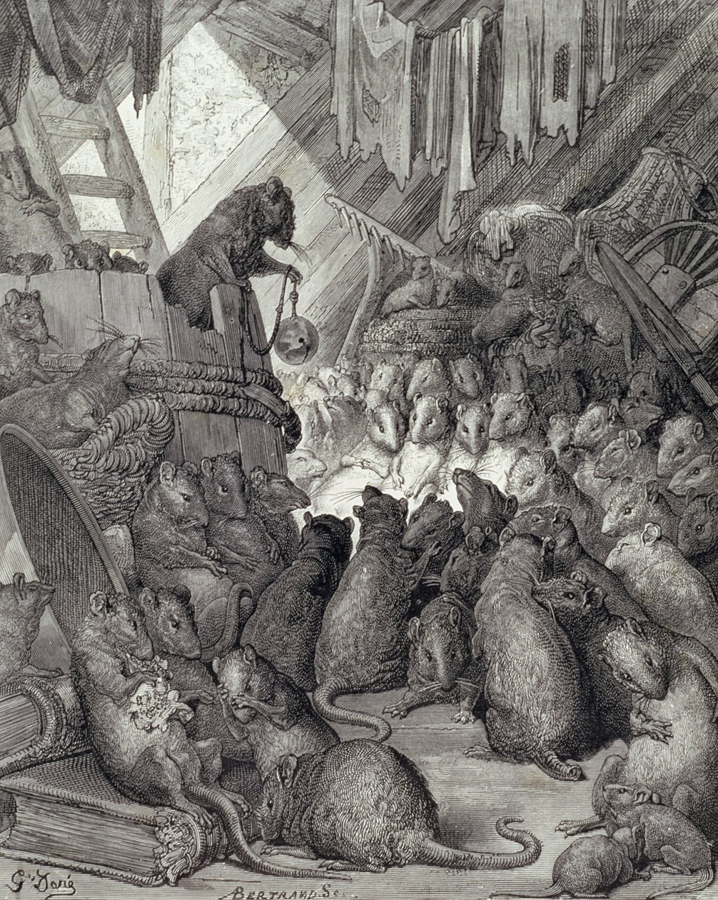 Rottien pitämä neuvosto, La Fontainen taruista, kaiverrus Antoine Valerie Bertrand (s.1823) n. 1868 (kaiverrus) tekijältä Gustave (after) Dore