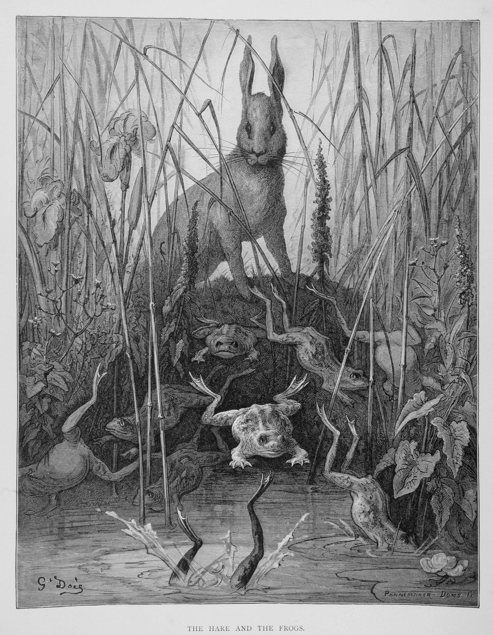 Jänis ja sammakot, La Fontainen taruista, kaiverrus Stephane Pannemaker (1847-1930) n. 1868 (kaiverrus) tekijältä Gustave (after) Dore
