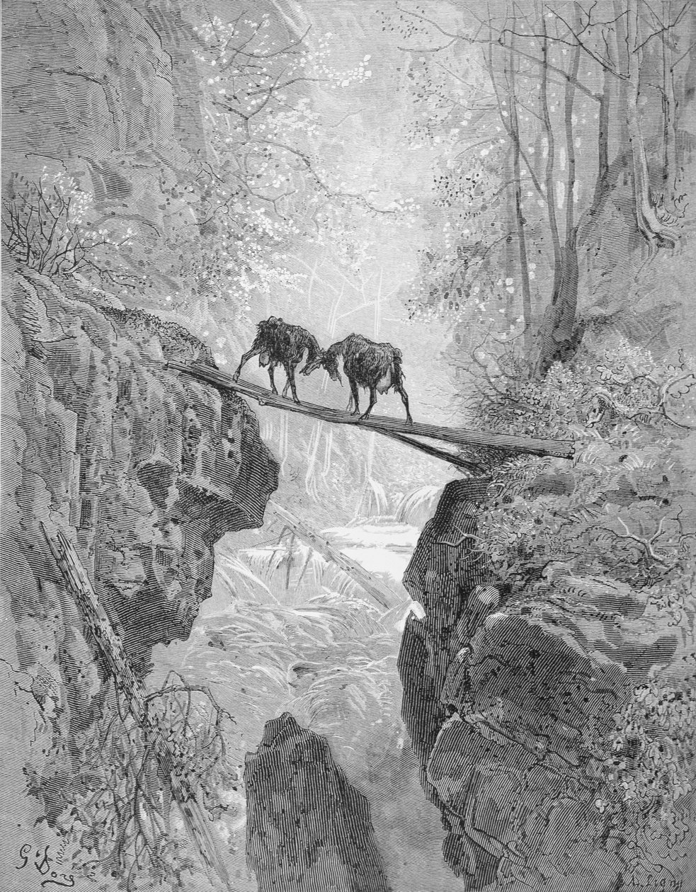 The Two Goats, "The Fables" of La Fontainen, kaiverrus A. Ligny, n.1868 (kaiverrus) tekijältä Gustave (after) Dore