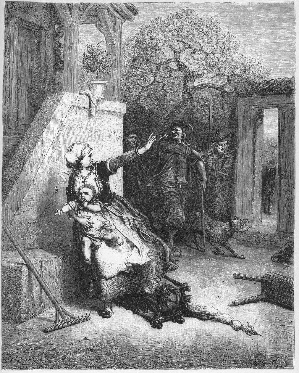 Susi, äiti ja hänen lapsensa - Jean de La Fontainen (Lafontaine) (1621-95) "Fablesista" - kaiverrus Gustave Doren (1832-83) mukaan - Yksityinen kokoelma tekijältä Gustave (after) Dore