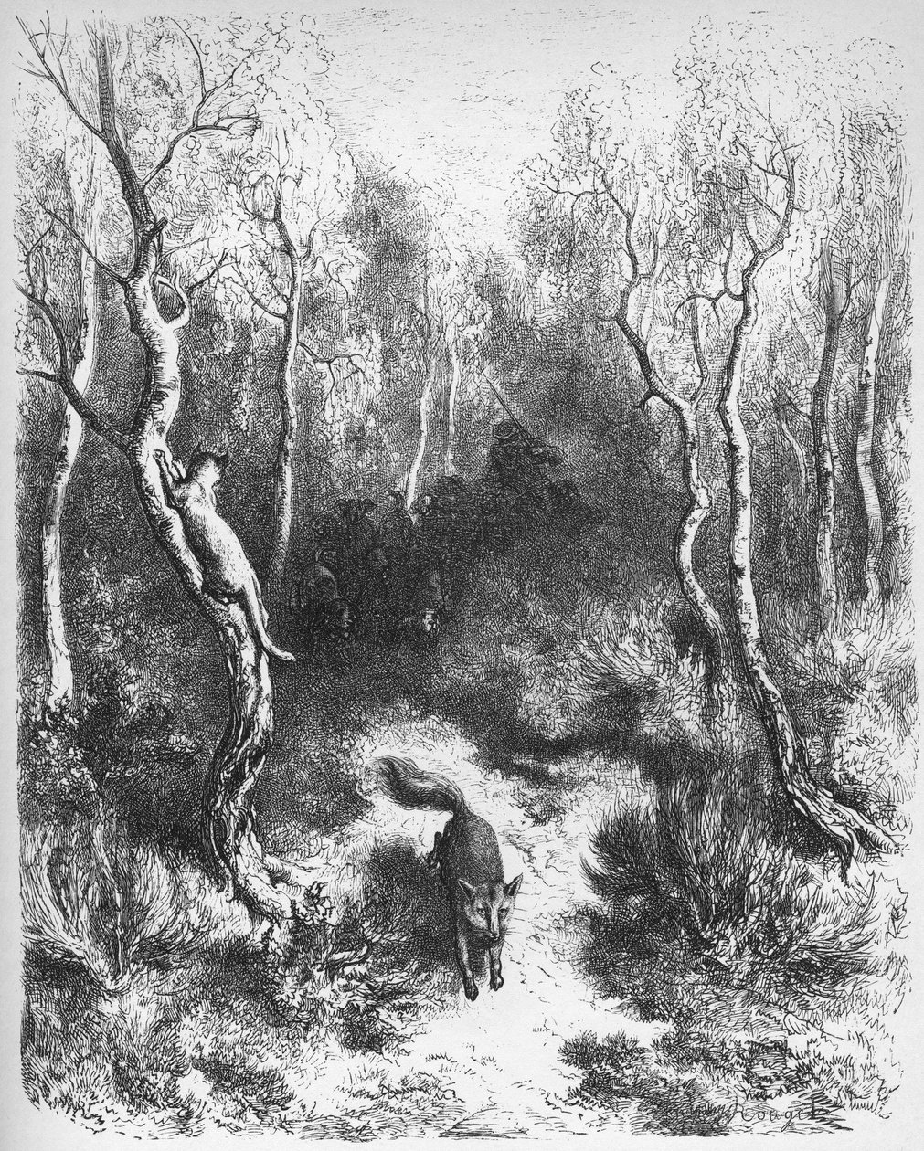 le chat et le fox - Kettu ja kissa - Jean de La Fontainen (Lafontaine) (1621-95) "Fablesista" - kaiverrus Gustave Doren (1832-83) mukaan - Yksityinen kokoelma tekijältä Gustave (after) Dore