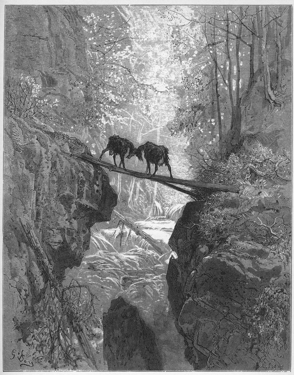 les deux chevres - kaksi vuohta - Jean de La Fontainen (Lafontaine) (1621-95) "Fables" -teoksesta - kaiverrus Gustave Doren (1832-83) mukaan - Yksityinen kokoelma tekijältä Gustave (after) Dore