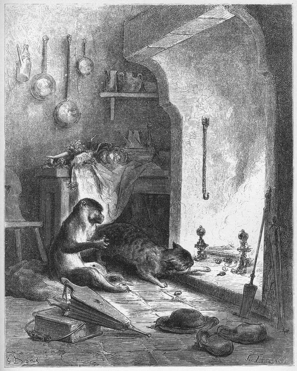 apina ja kissa - Jean de La Fontainen (Lafontaine) (1621-95) "Fablesista" - kaiverrus Gustave Doren (1832-83) mukaan - Yksityinen kokoelma tekijältä Gustave (after) Dore