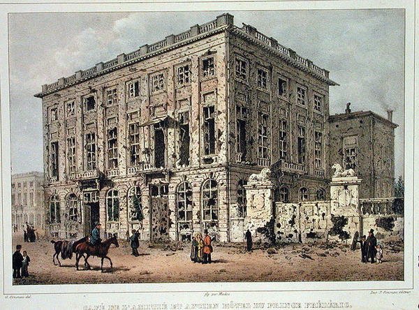 Cafe Amitie ja Old Hotel du Prince Frederic, Bryssel, 23.-26. syyskuuta 1830 käytyjen taistelujen jälkeen, kaiverrus Jean Baptiste Madou (1796-1877) (värinen kaiverrus) tekijältä Gustave Adolphe (after) Simoneau