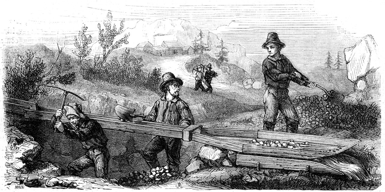 Ranskalaiset kaivostyöläiset työskentelevät pitkällä tom-sulkulla, Kalifornia, 1800-luku. tekijältä Gustave Adolphe Chassevent Bacques