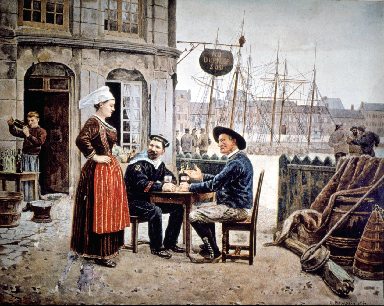 2 miestä (merimies ja bretonilainen kalastaja) baarissa juttelemassa bretonilaisen tarjoilijan kanssa, Saint Malo tekijältä Gustave Bourgain